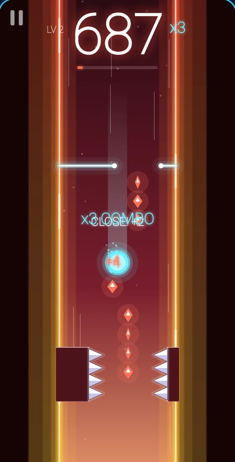 A SleekBall run: the glowing ball falls down a red neon shaft past spiked blocks, with gems ahead
