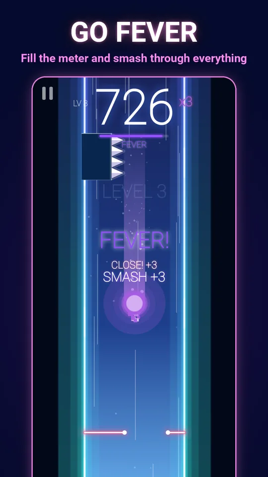FEVER: the glowing ball smashes through hazards while gems fly in