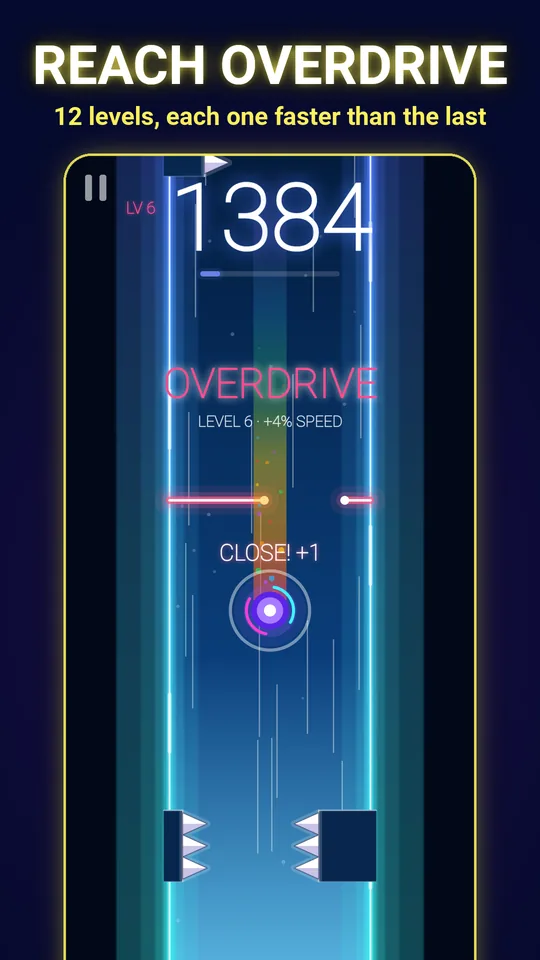 OVERDRIVE: the level banner at level 6, with the shaft at full speed