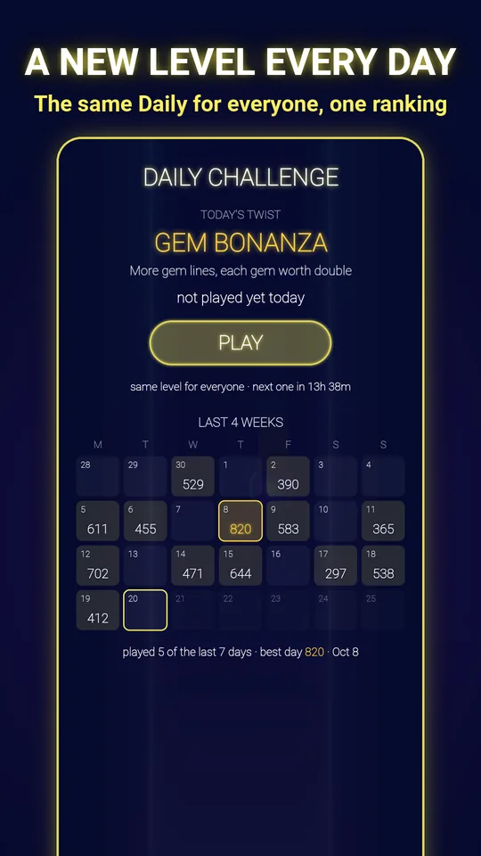 The Daily Challenge screen with today's twist and a calendar of past scores
